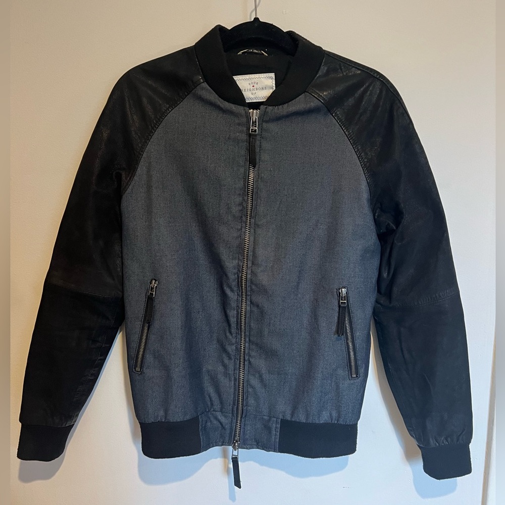 Coated Leather & Denim Bomber Jacket